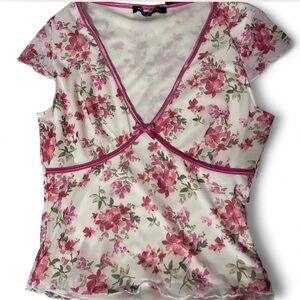 Pink floral mesh top with bow detail